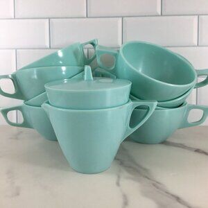 8 Coffee Cups Sun Valley Melmac Aqua Turquoise & Creamer Sugar Bowl Lid Vintage
